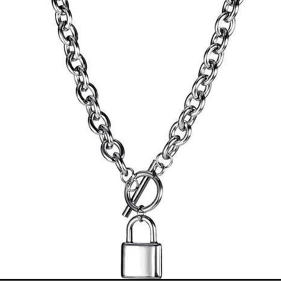 Silver Chain Necklace with Padlock Pendant - Picture 1 of 2